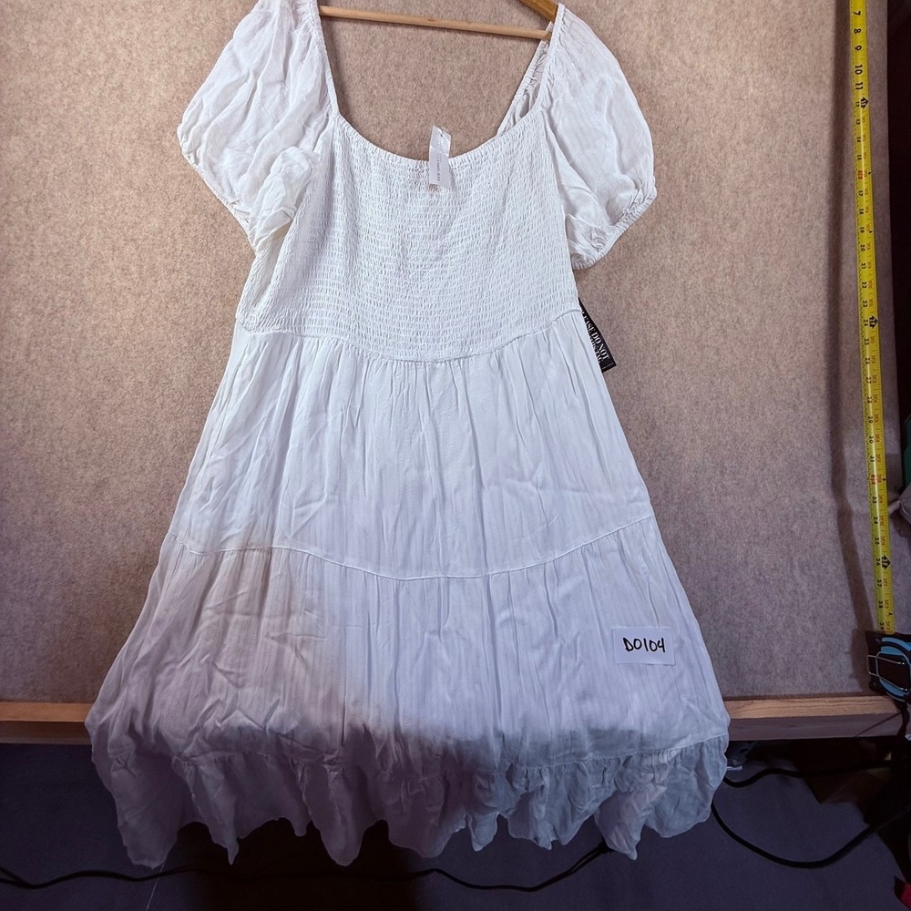 New York & Company White Smocked Puff Sleeve Tiered Midi Dress Womens XL NWT